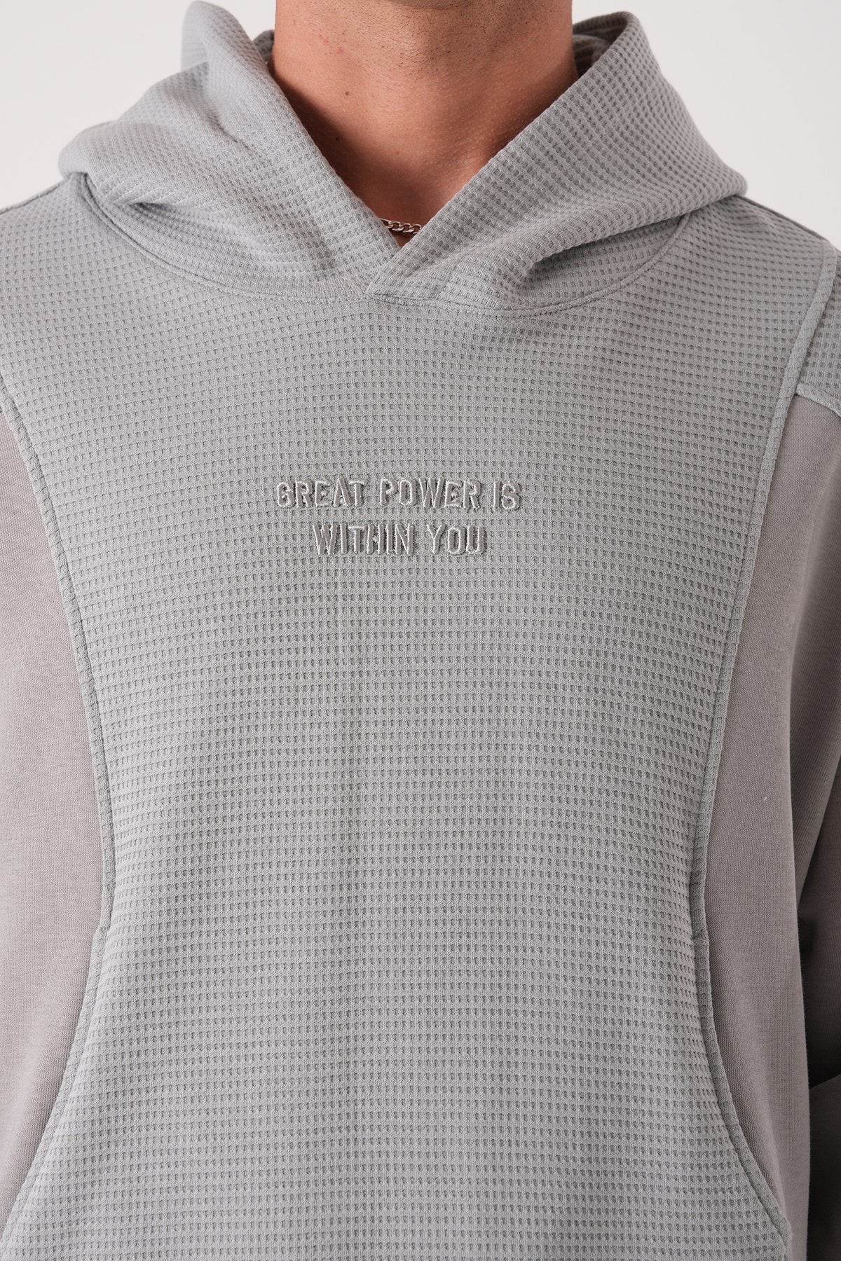 Grey Textured Hoodie – Waffle Panel Oversized Fit