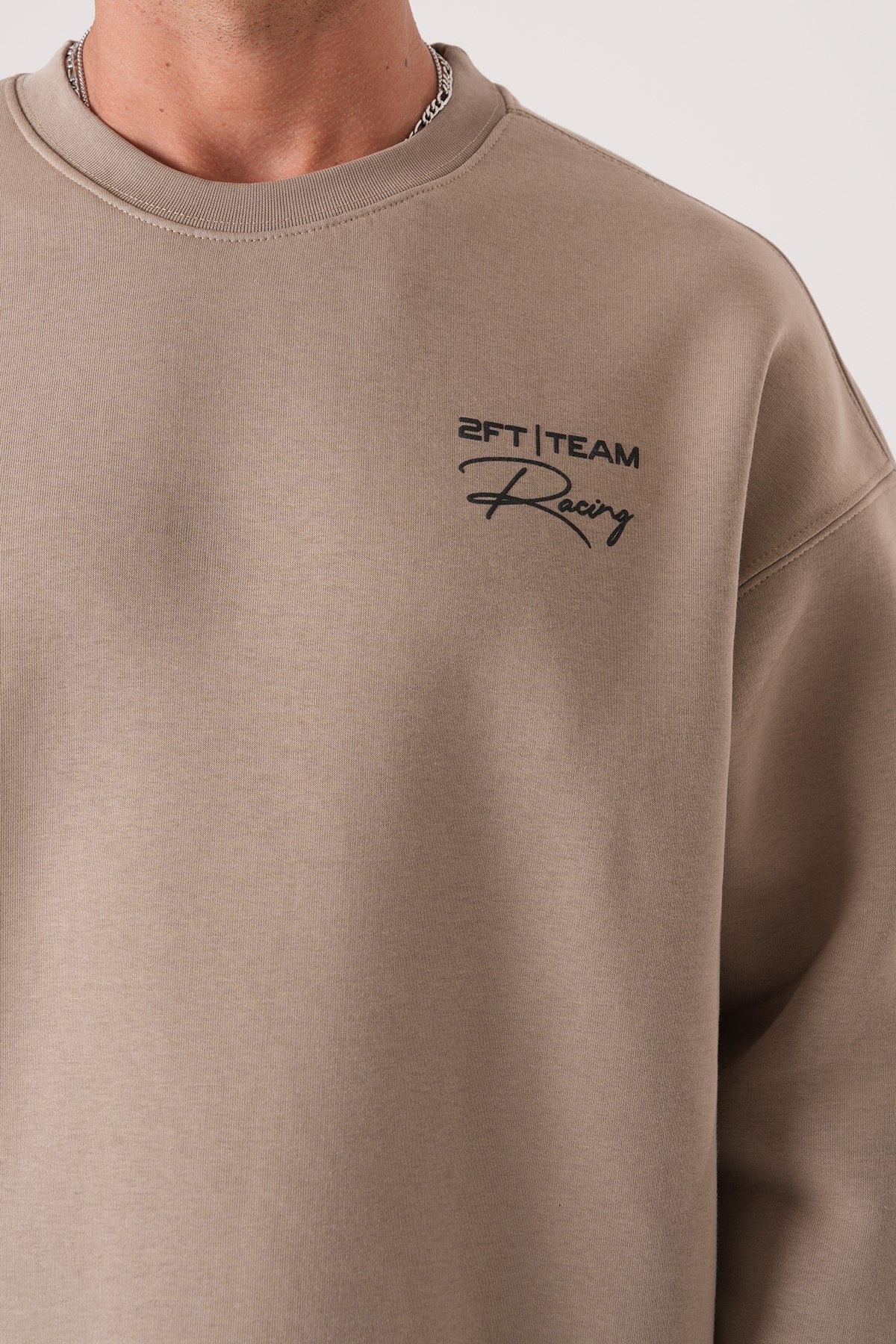 Men’s Beige Crewneck Sweatshirt – Minimalist Racing Print Pullover