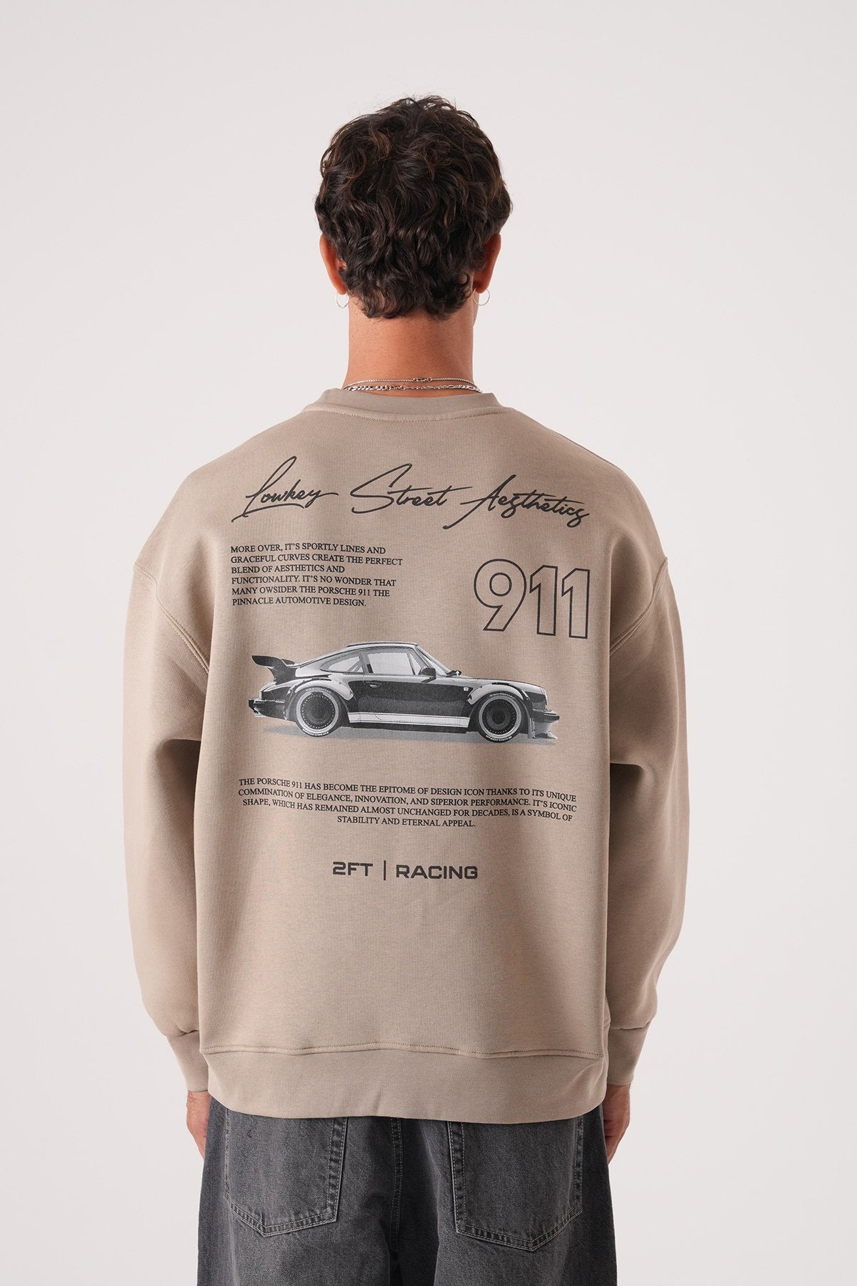 Men’s Beige Crewneck Sweatshirt – Minimalist Racing Print Pullover