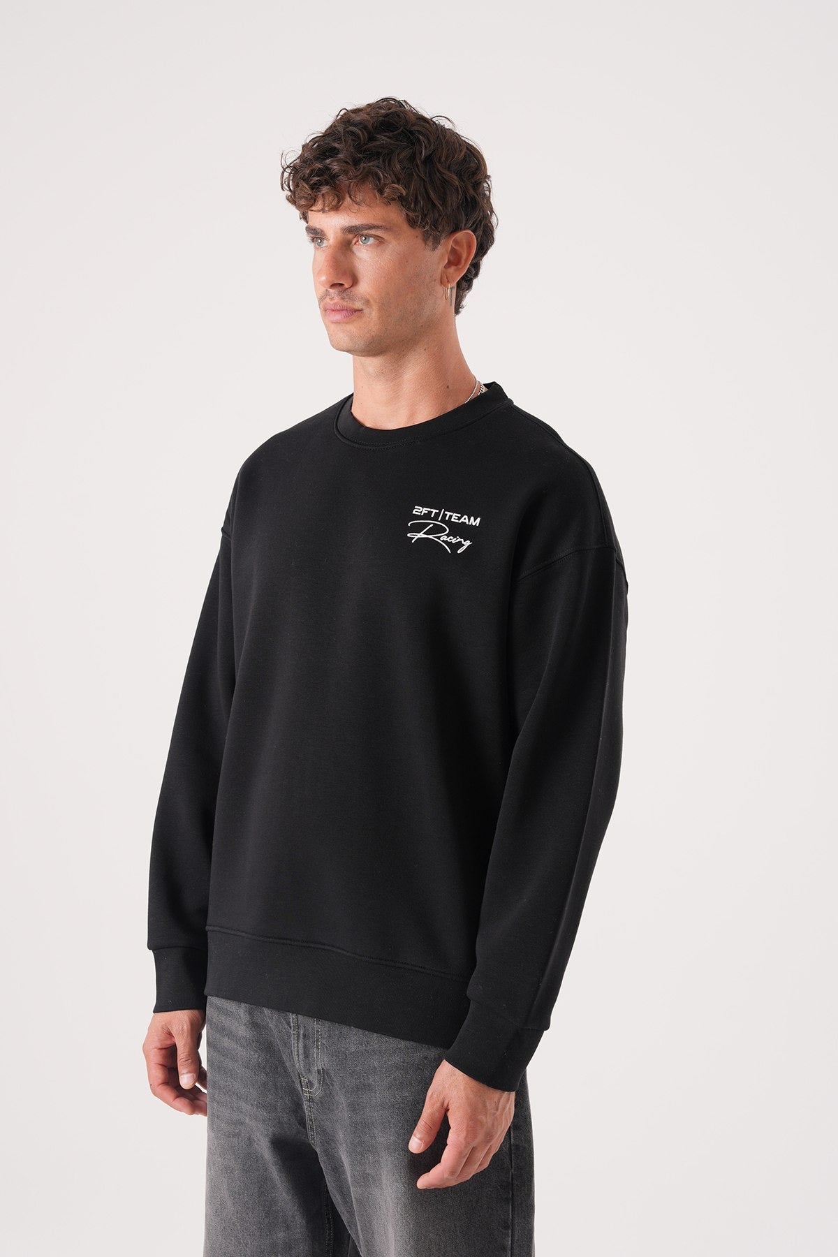 Men’s Black Crewneck Sweatshirt – Minimalist Racing Print Pullover