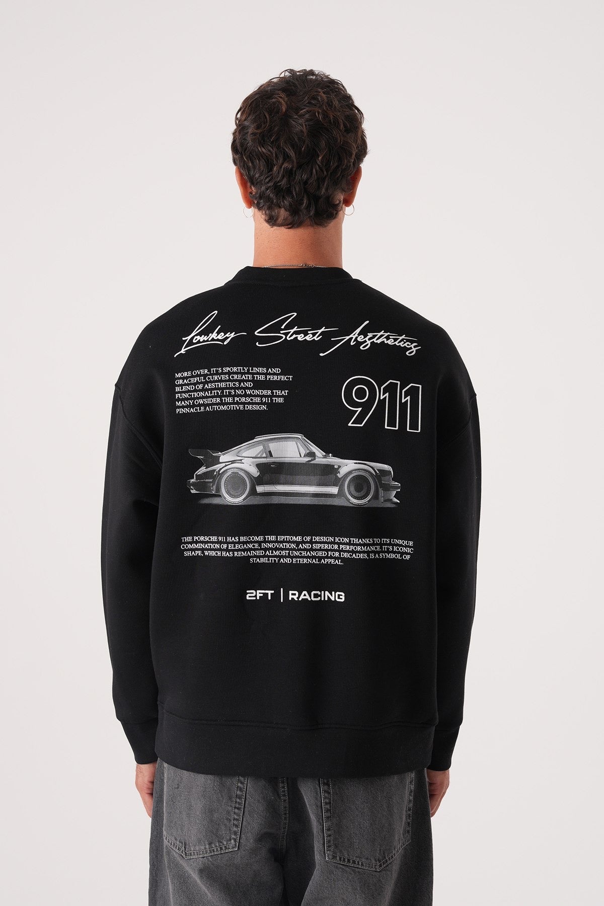 Men’s Black Crewneck Sweatshirt – Minimalist Racing Print Pullover