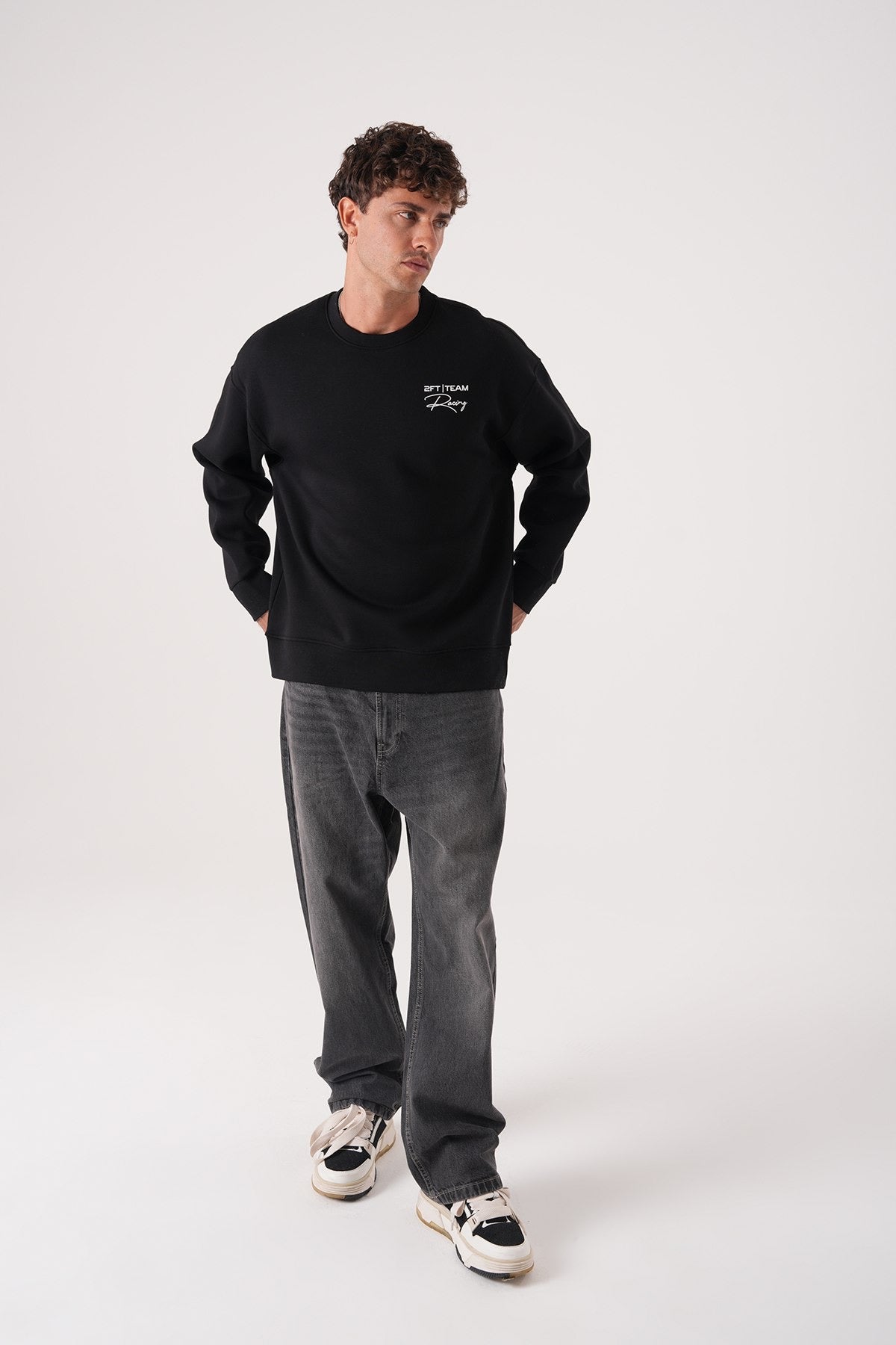Men’s Black Crewneck Sweatshirt – Minimalist Racing Print Pullover