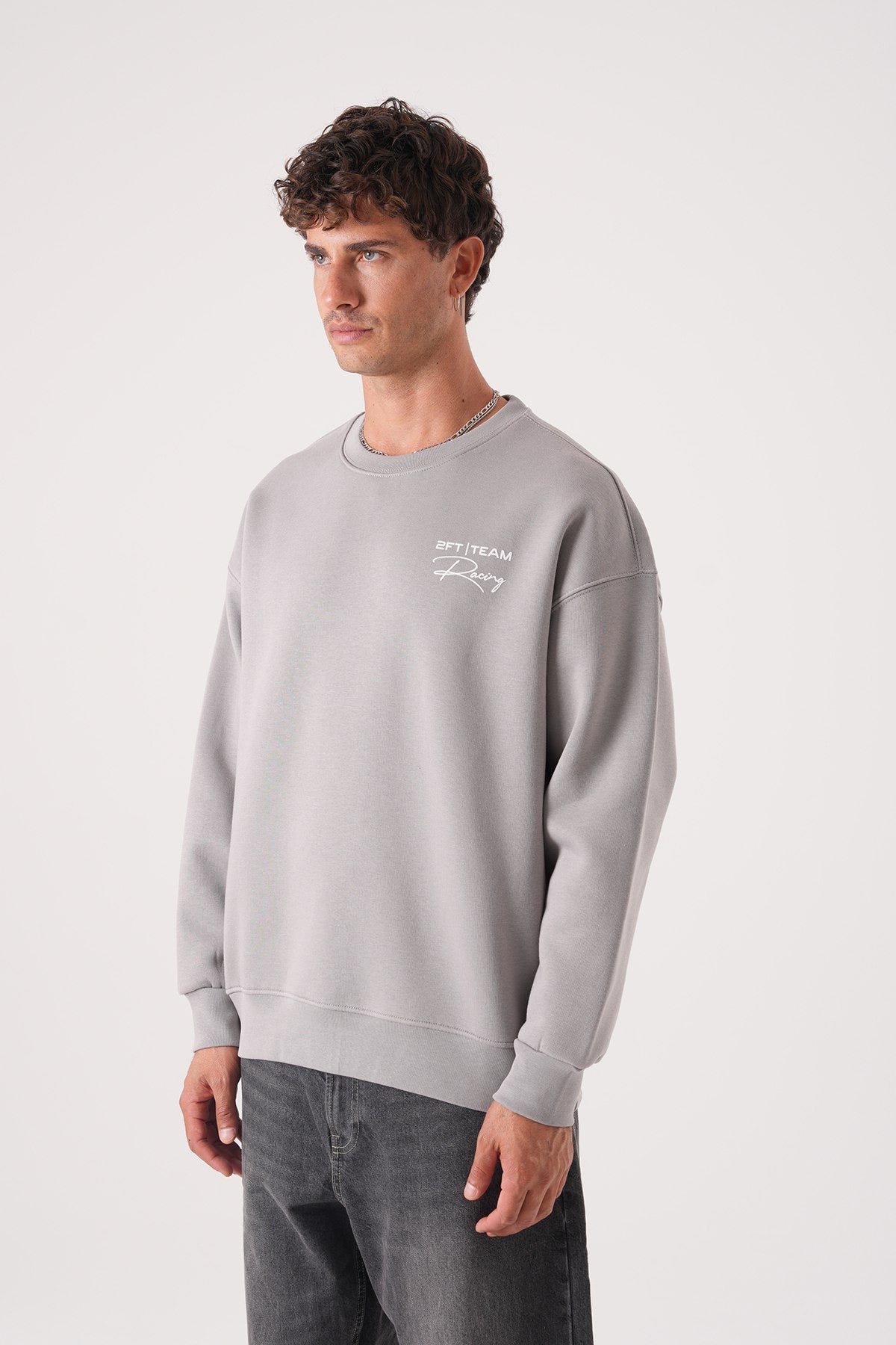 Men’s Grey Crewneck Sweatshirt – Minimalist Racing Print Pullover