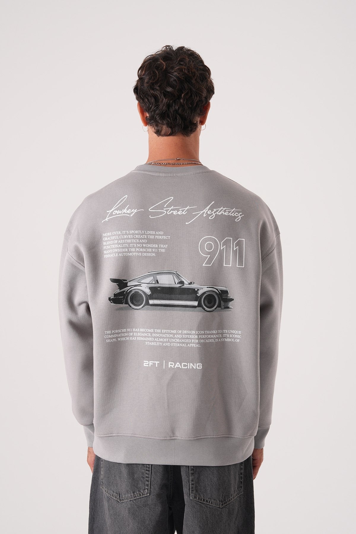 Men’s Grey Crewneck Sweatshirt – Minimalist Racing Print Pullover