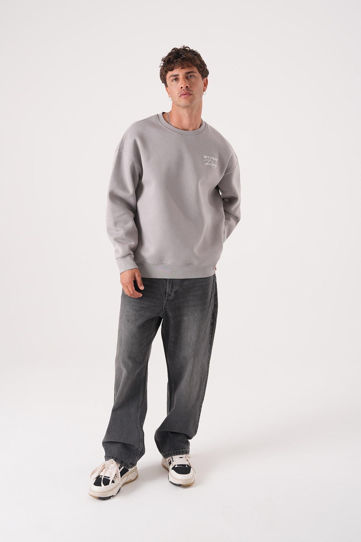 Men’s Grey Crewneck Sweatshirt – Minimalist Racing Print Pullover