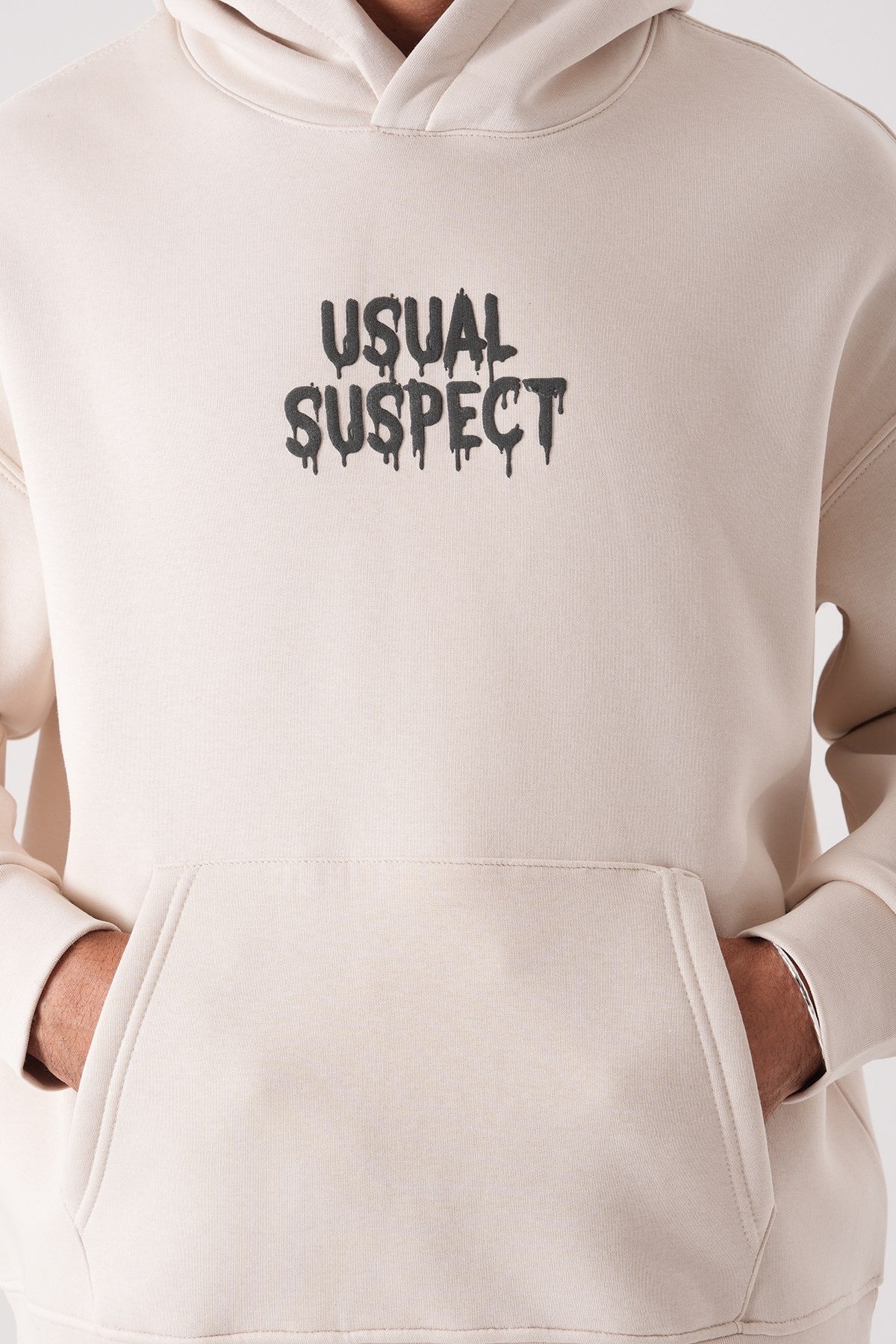 Men’s Beige Hoodie – “Usual Suspect” Graphic Pullover Sweatshirt