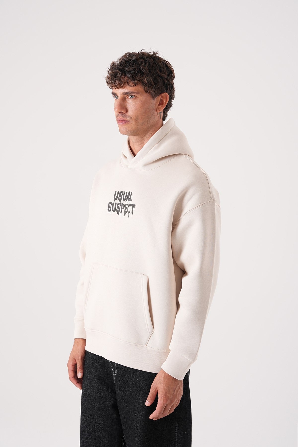 Men’s Beige Hoodie – “Usual Suspect” Graphic Pullover Sweatshirt