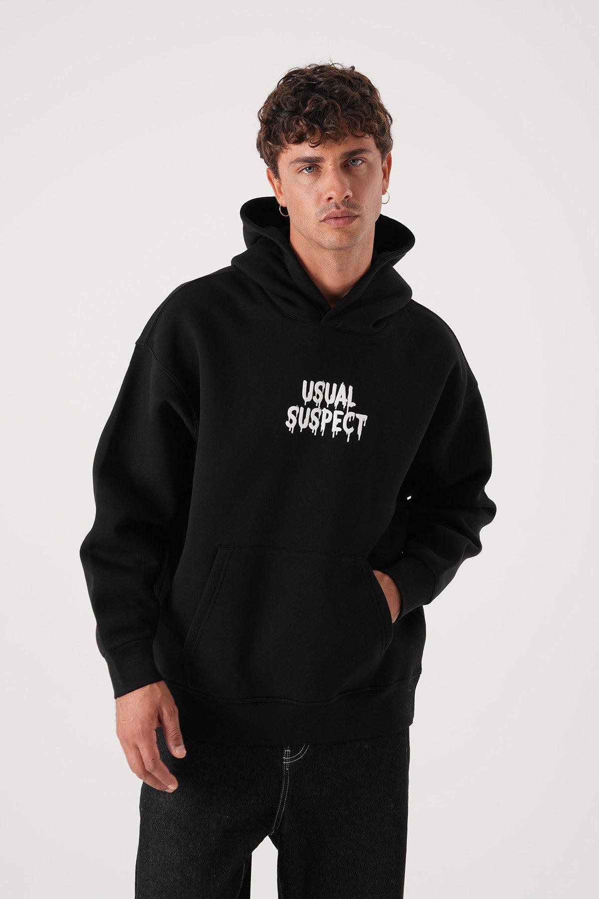 Men’s Black Hoodie – “Usual Suspect” Graphic Pullover Sweatshirt