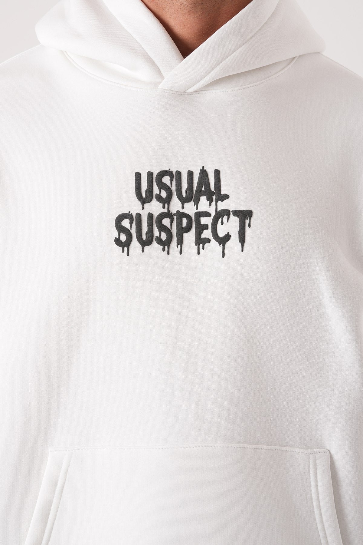 Men’s White Hoodie – “Usual Suspect” Graphic Pullover Sweatshirt