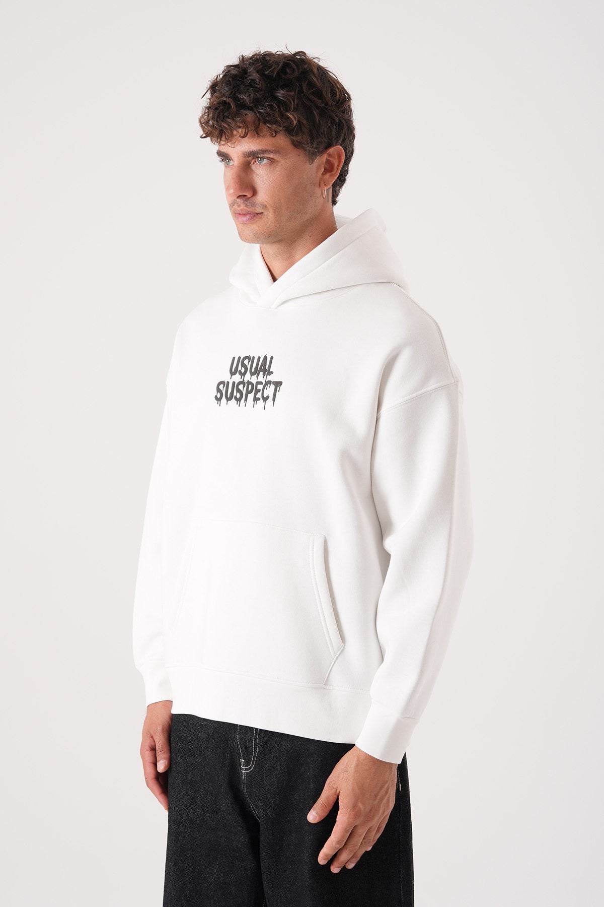 Men’s White Hoodie – “Usual Suspect” Graphic Pullover Sweatshirt