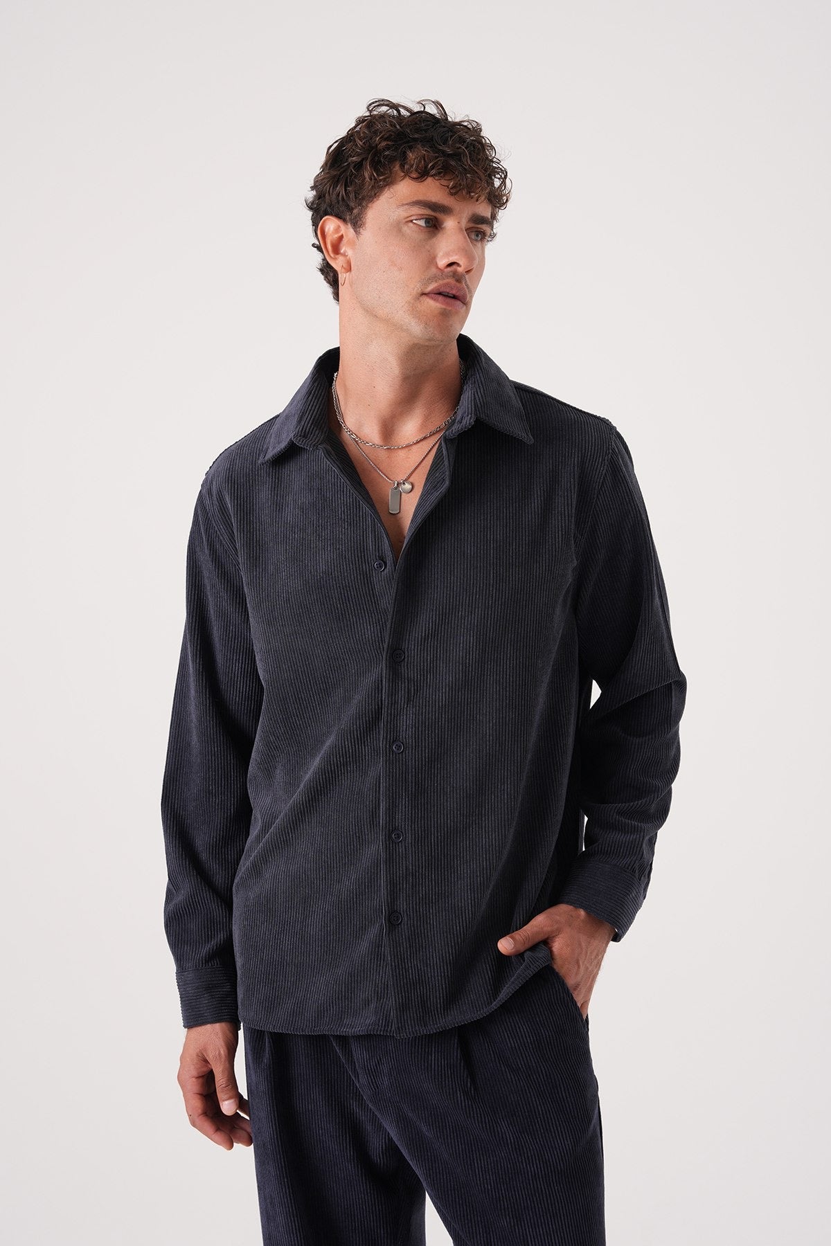 Men’s Black Corduroy Shirt – Long Sleeve Button-Up Casual Shirt