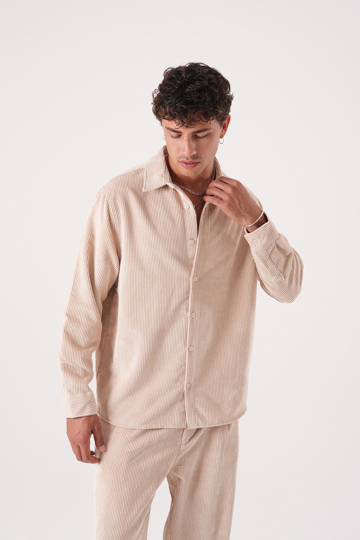Men’s Beige Corduroy Shirt – Long Sleeve Button-Up Casual Shirt