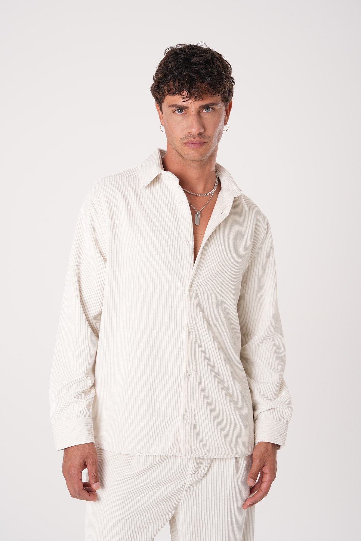 Men’s Off-White Corduroy Shirt – Long Sleeve Button-Up Casual Shirt
