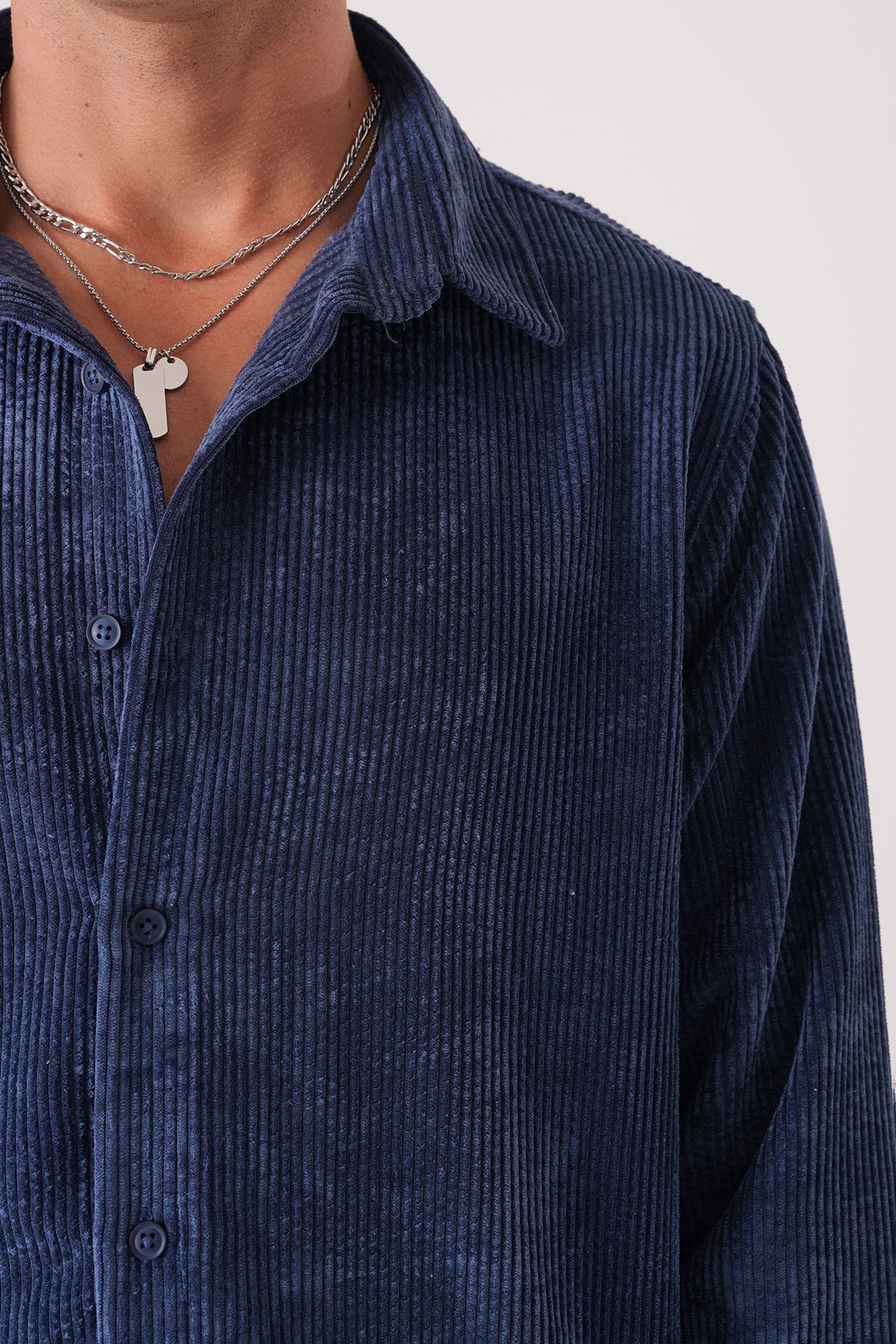 Men’s Navy Blue Corduroy Shirt – Long Sleeve Button-Up Casual Shirt