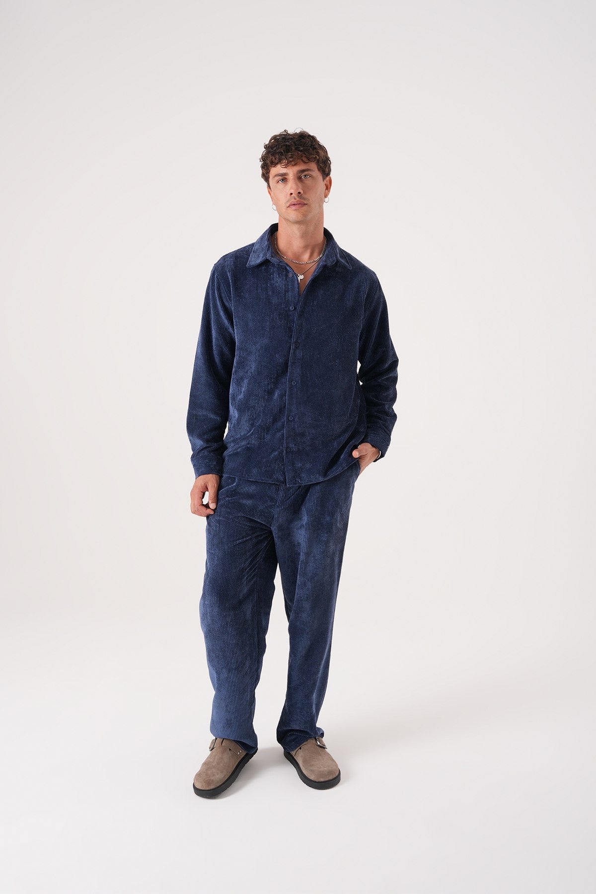 Men’s Navy Blue Corduroy Shirt – Long Sleeve Button-Up Casual Shirt