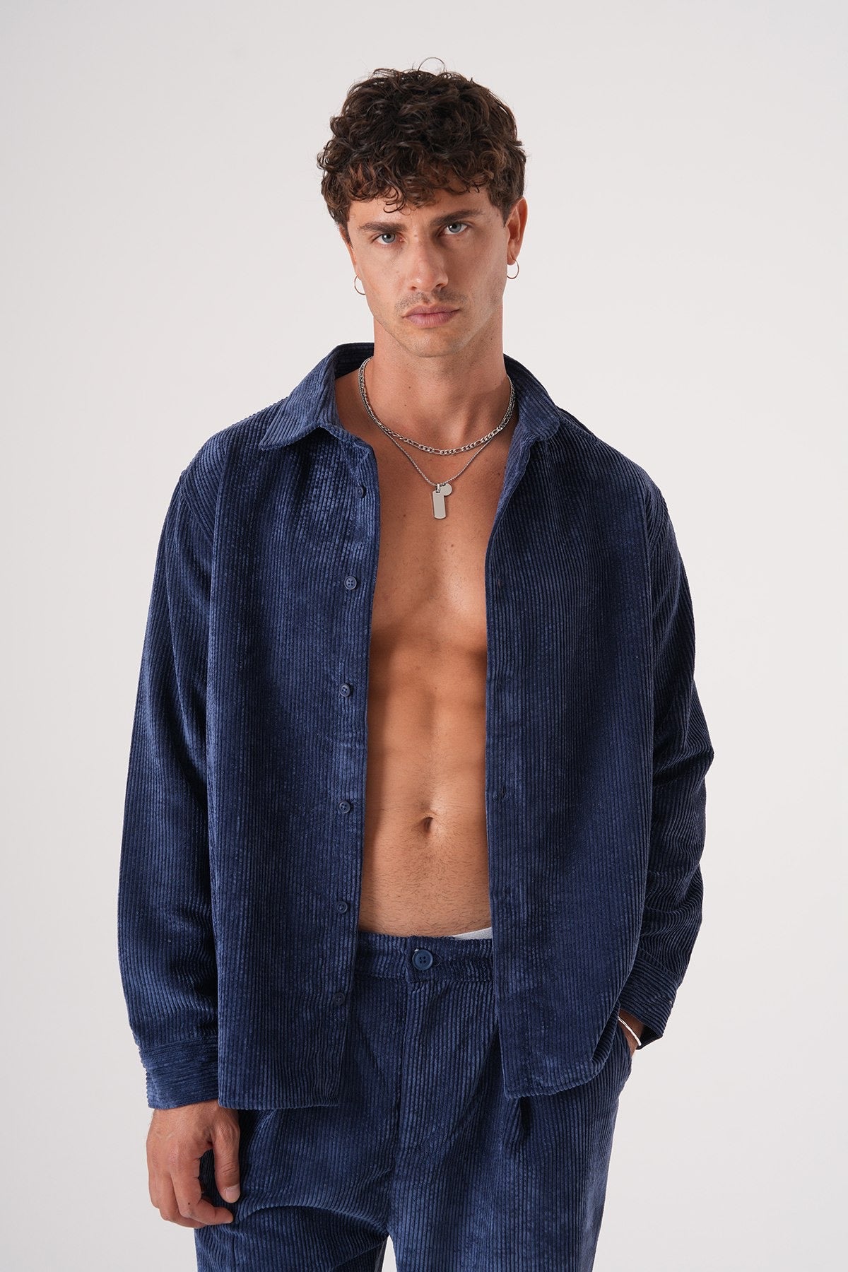 Men’s Navy Blue Corduroy Shirt – Long Sleeve Button-Up Casual Shirt