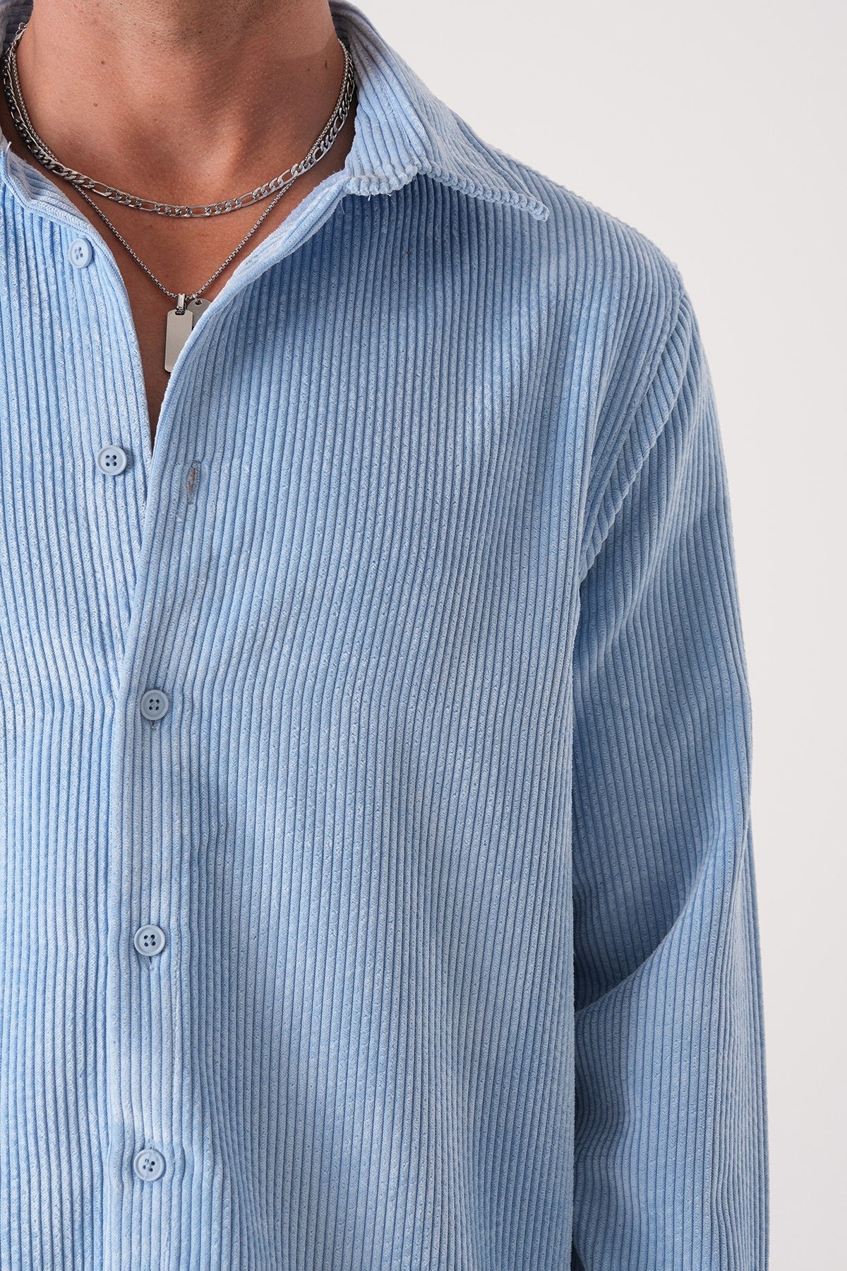 Men’s Sky Blue Corduroy Shirt – Long Sleeve Button-Up Casual Shirt