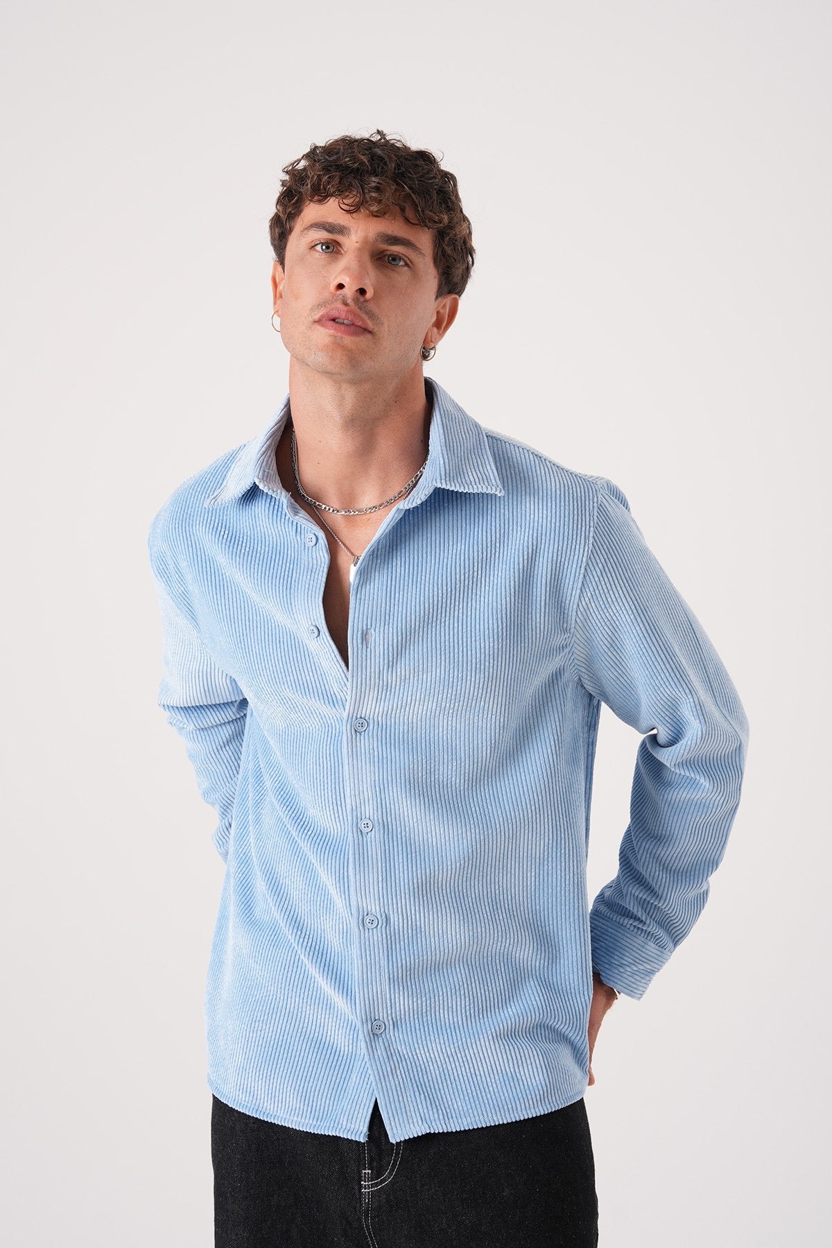 Men’s Sky Blue Corduroy Shirt – Long Sleeve Button-Up Casual Shirt