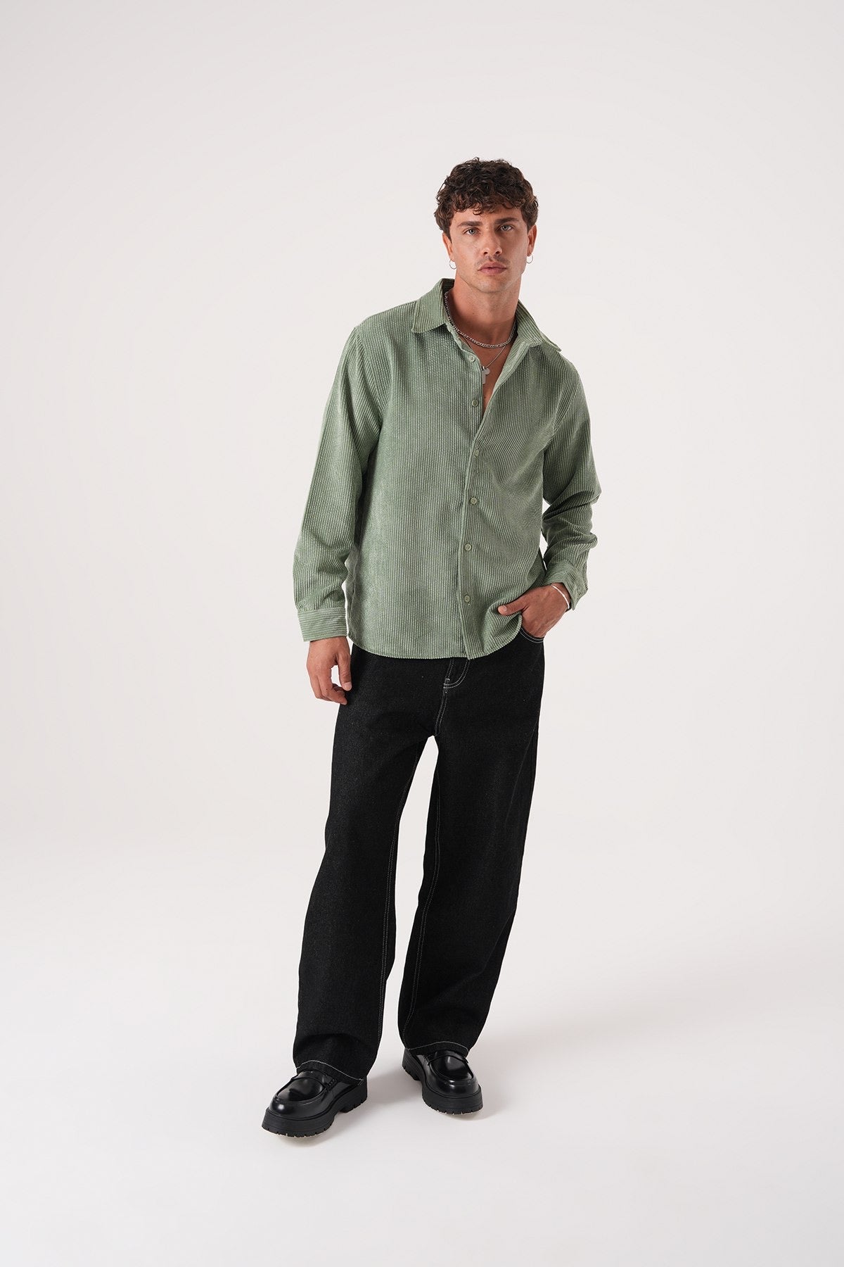 Men’s Sage Green Corduroy Shirt – Long Sleeve Button-Up Casual Shirt