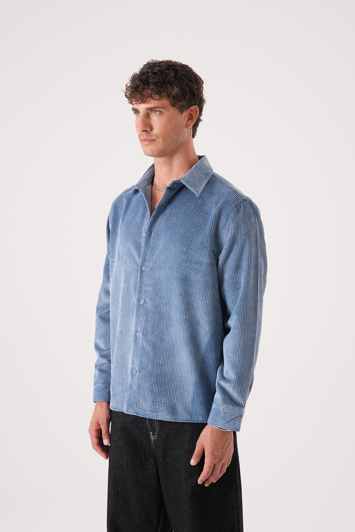 Men’s Denim Blue Corduroy Shirt – Long Sleeve Button-Up Casual Shirt