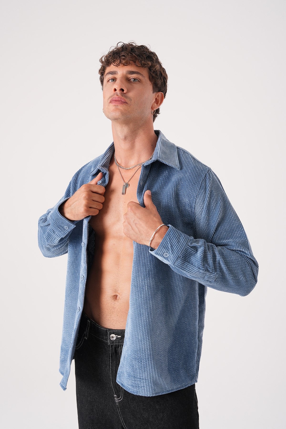 Men’s Denim Blue Corduroy Shirt – Long Sleeve Button-Up Casual Shirt