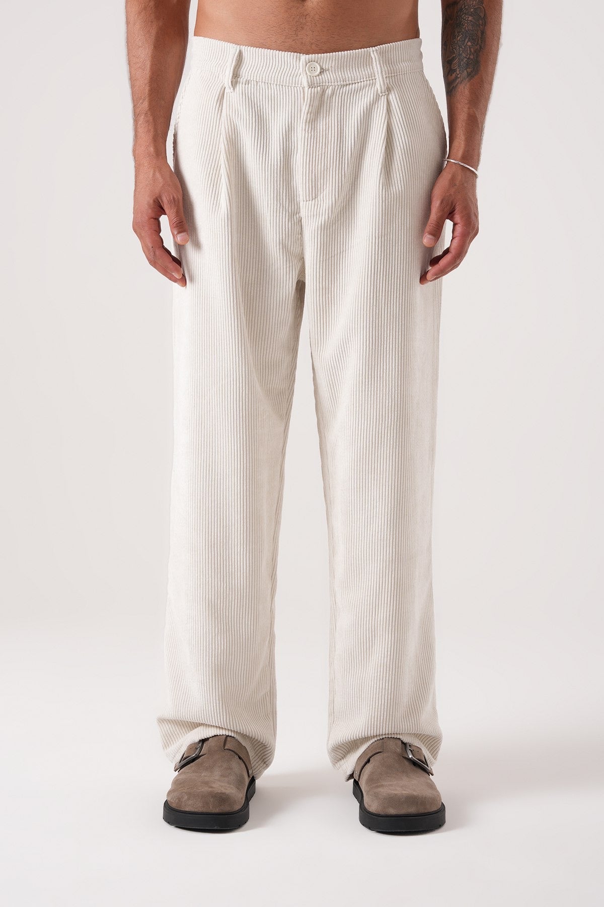 Men’s White Corduroy Pants – Relaxed Fit Straight-Leg Classic Trousers