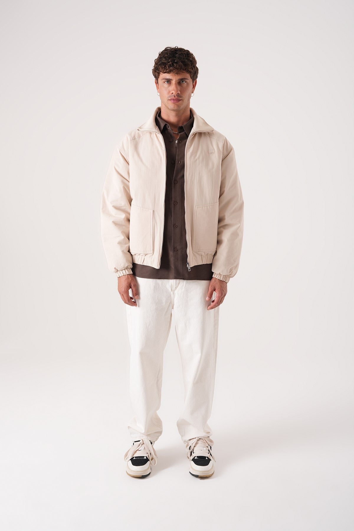 Men’s Beige Harrington Jacket – Minimalist Zip-Up Outerwear