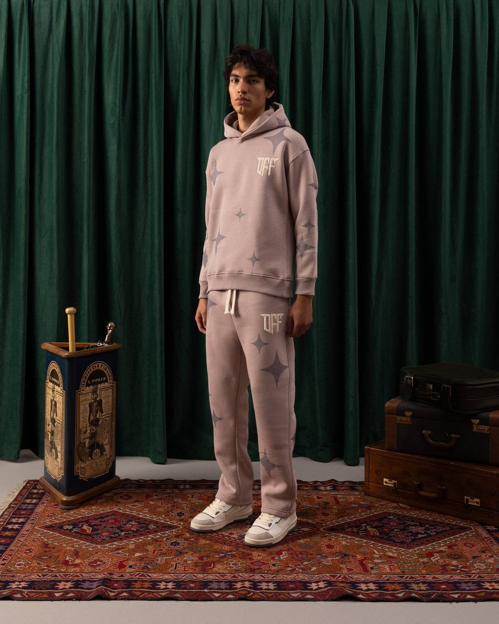 Men’s Mauve Hoodie – Star Print &amp; “OFF” Chenille Patch Streetwear Pullover