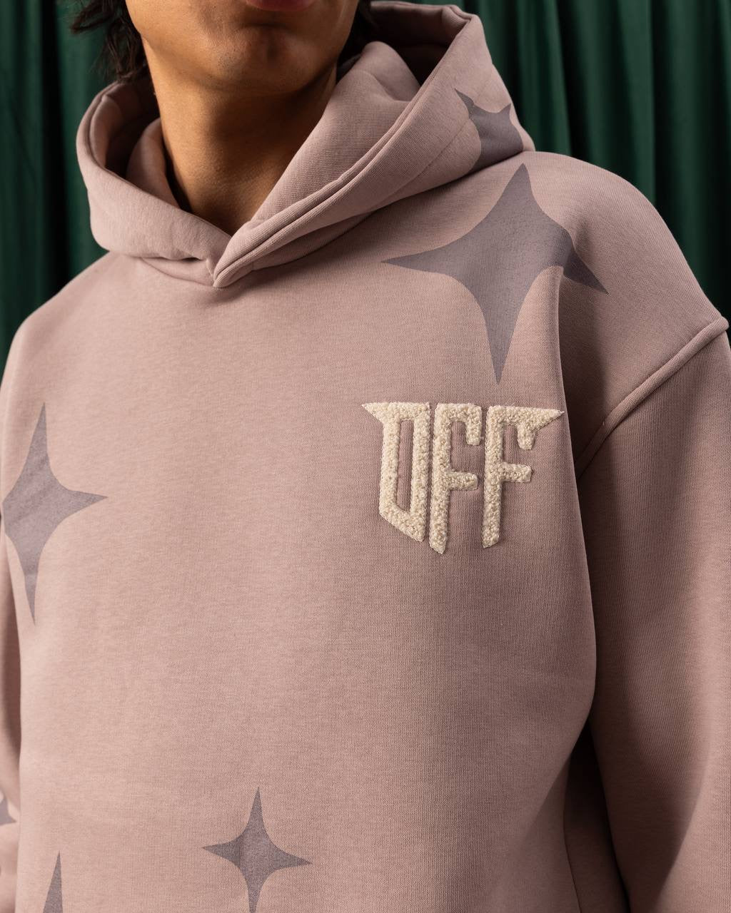 Men’s Mauve Hoodie – Star Print &amp; “OFF” Chenille Patch Streetwear Pullover