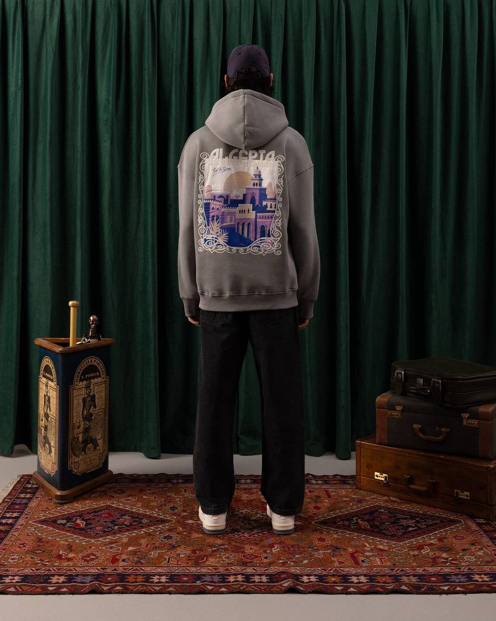Men’s Grey Algeria Patch Hoodie – Travel-Inspired Graphic Streetwear
