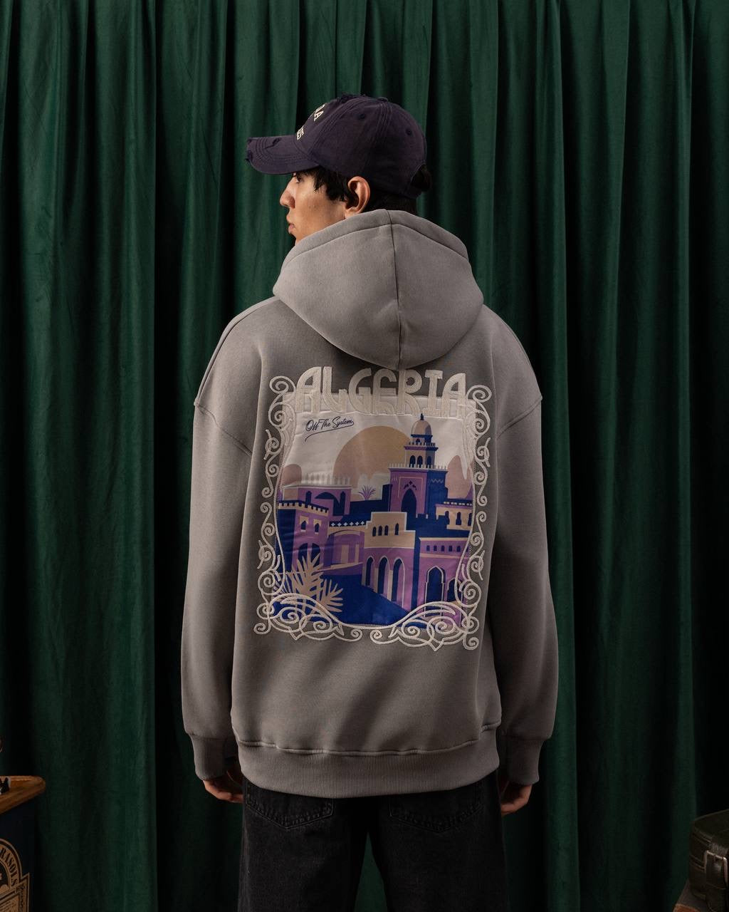 Men’s Grey Algeria Patch Hoodie – Travel-Inspired Graphic Streetwear