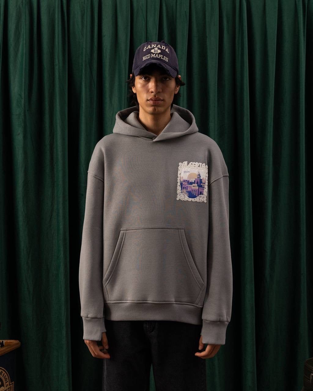 Men’s Grey Algeria Patch Hoodie – Travel-Inspired Graphic Streetwear