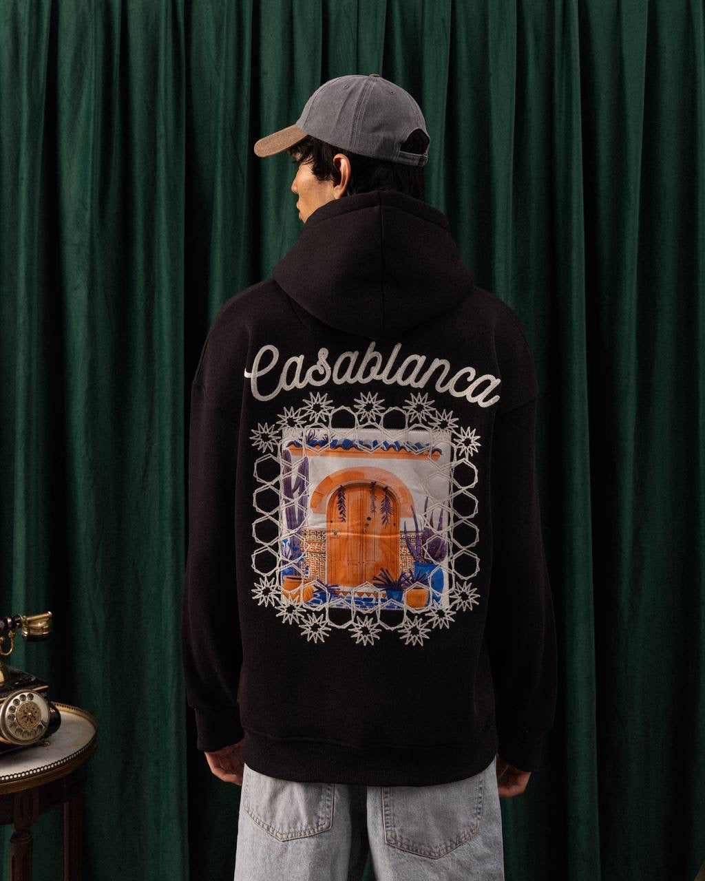 Men’s Black Casablanca Patch Hoodie – Travel-Inspired Streetwear