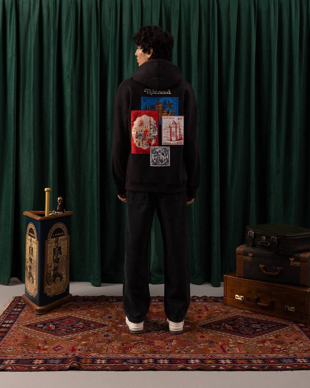 Men’s Black Hoodie with Multicolor Morocco Stamp Patches – Vintage Travel Edition