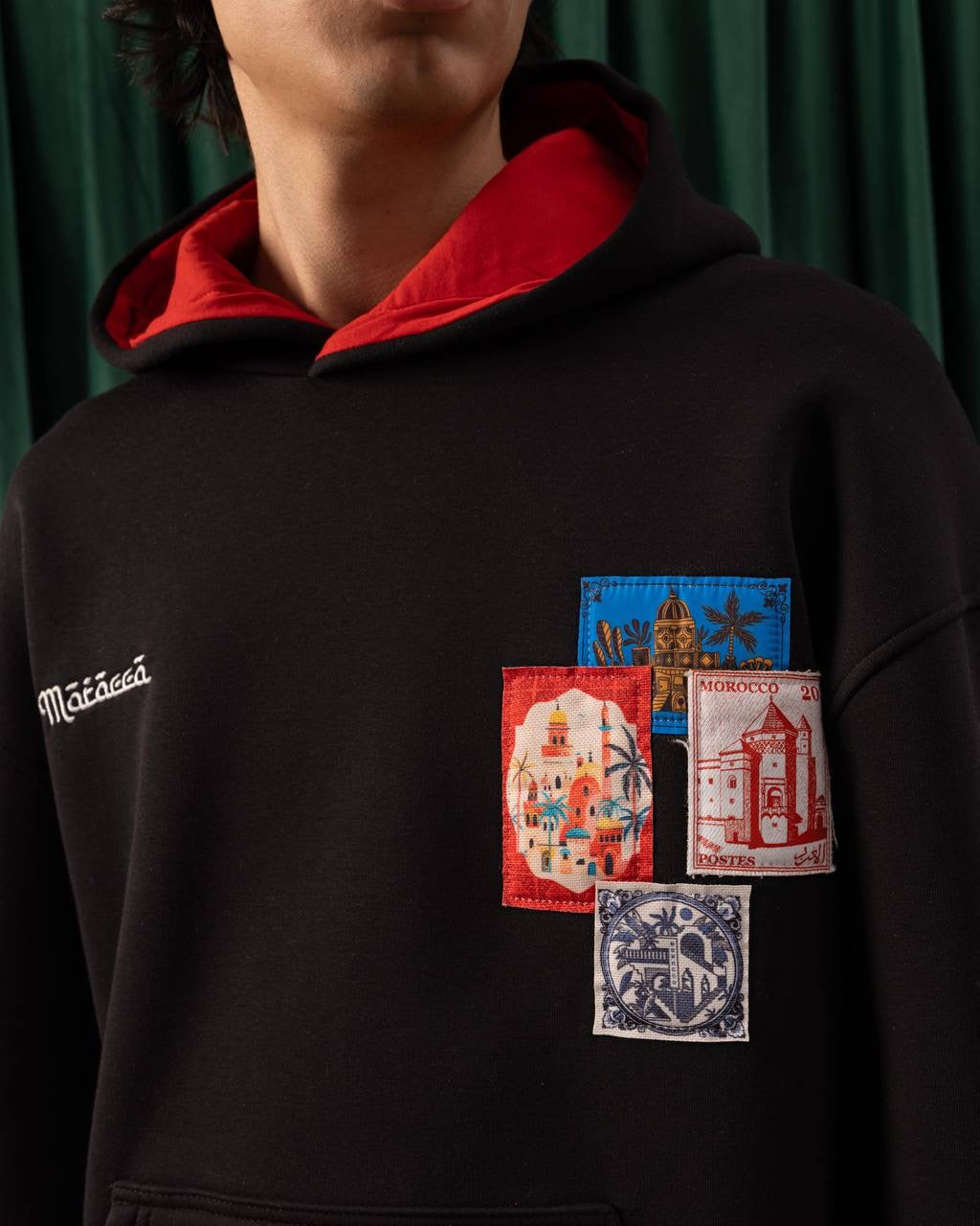 Men’s Black Hoodie with Multicolor Morocco Stamp Patches – Vintage Travel Edition