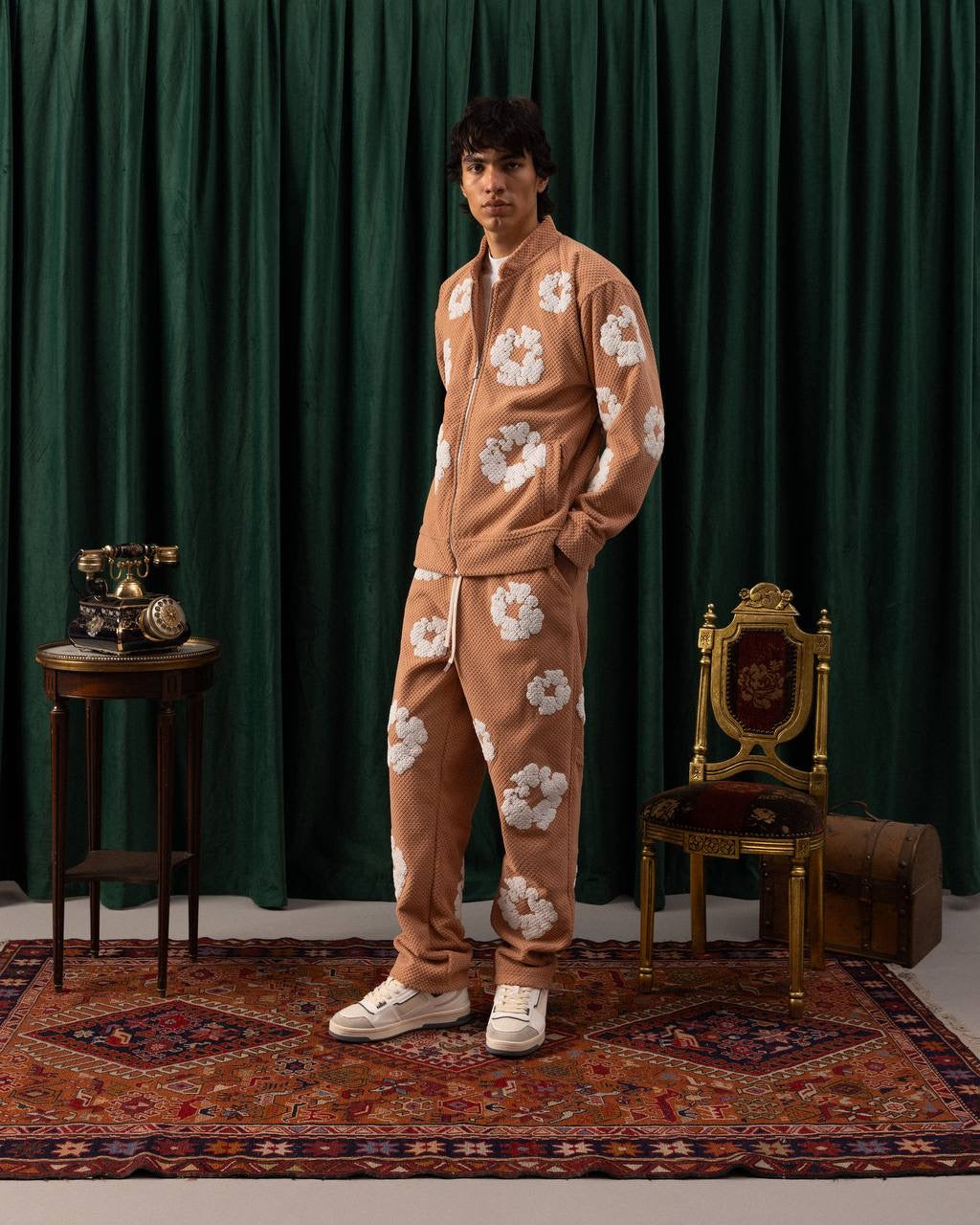 Men’s Camel Floral Embroidered Zip-Up Jacket – Textured Streetwear Style