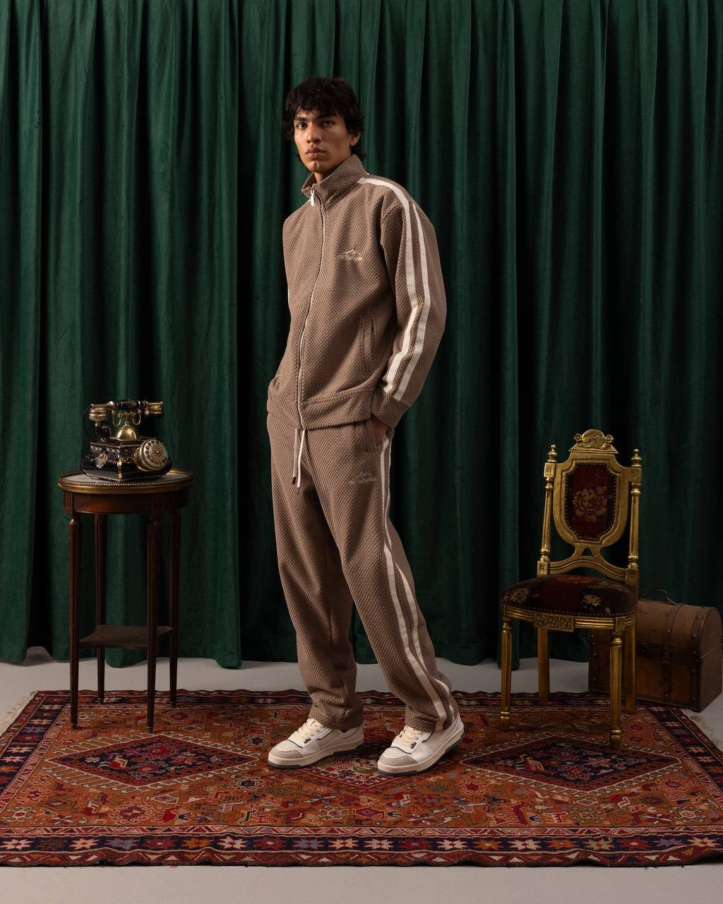 Men’s Camel Brown Textured Zip-Up Track Jacket – Retro Sport Style