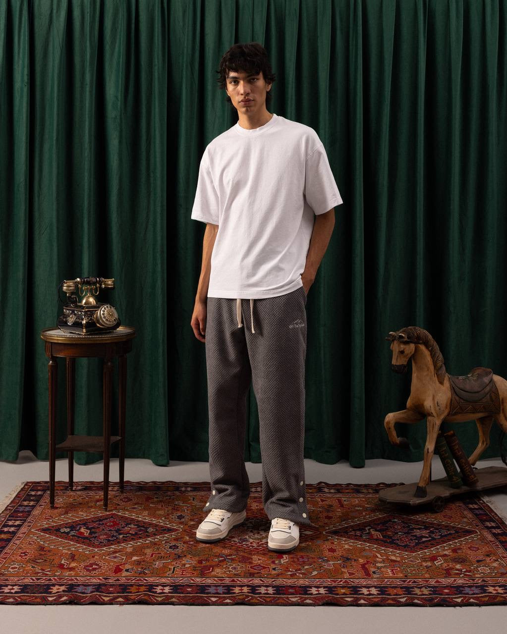 Men’s Charcoal Grey Textured Track Pants – Retro Snap-Button Hem