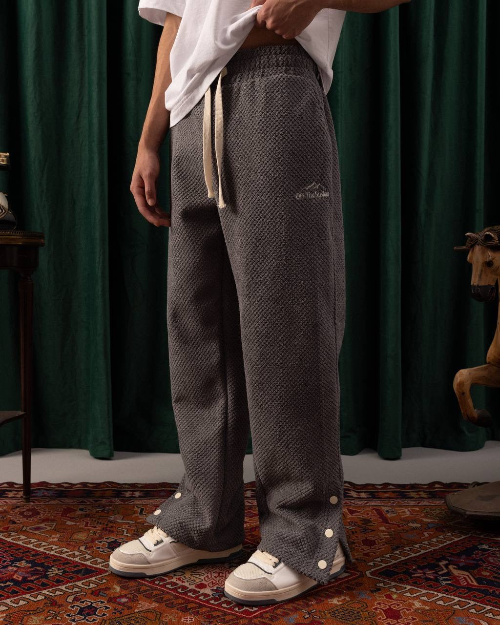 Men’s Charcoal Grey Textured Track Pants – Retro Snap-Button Hem