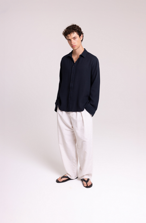 Navy Textured Long Sleeve Shirt for Men