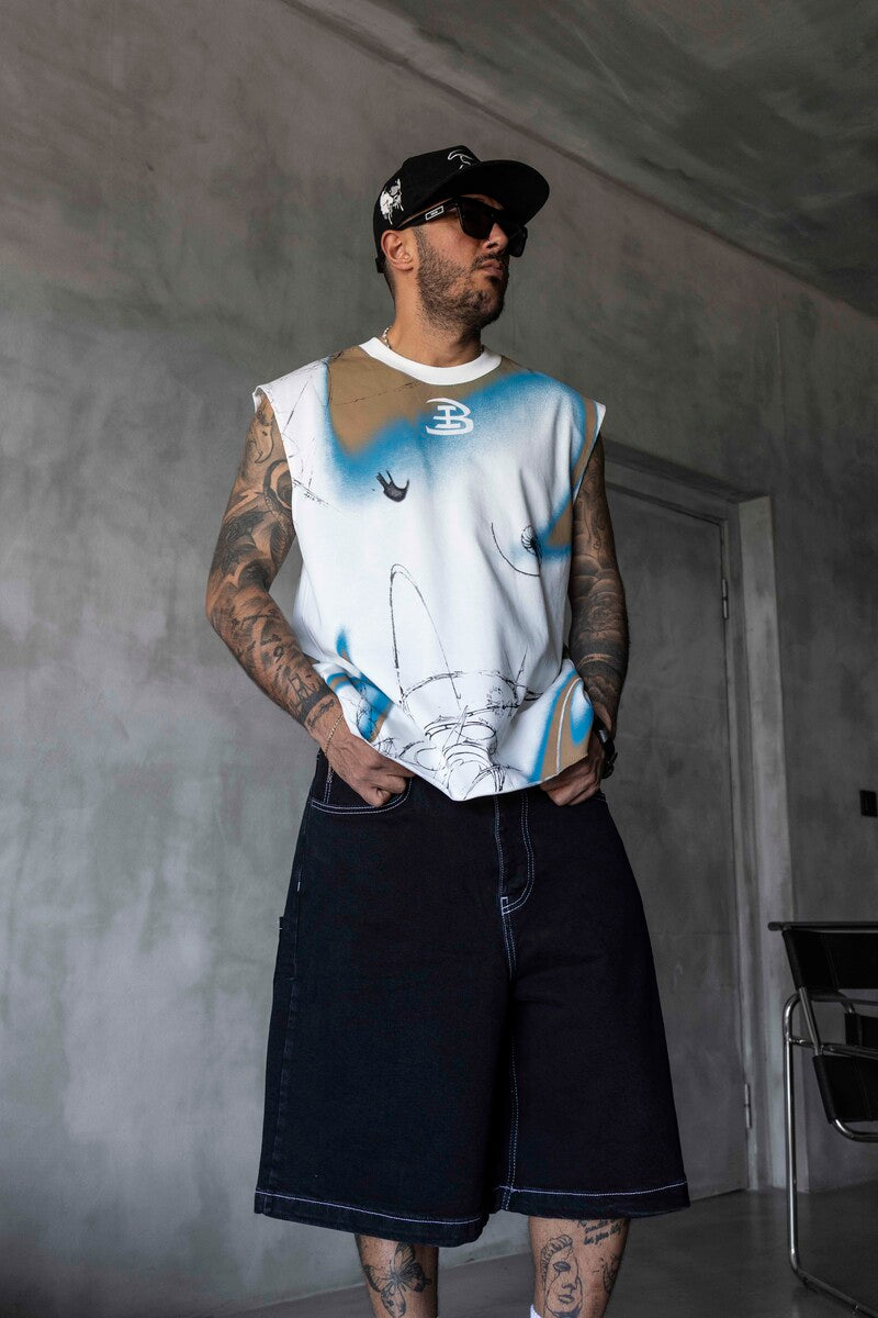 B Printed White Singlet 1886