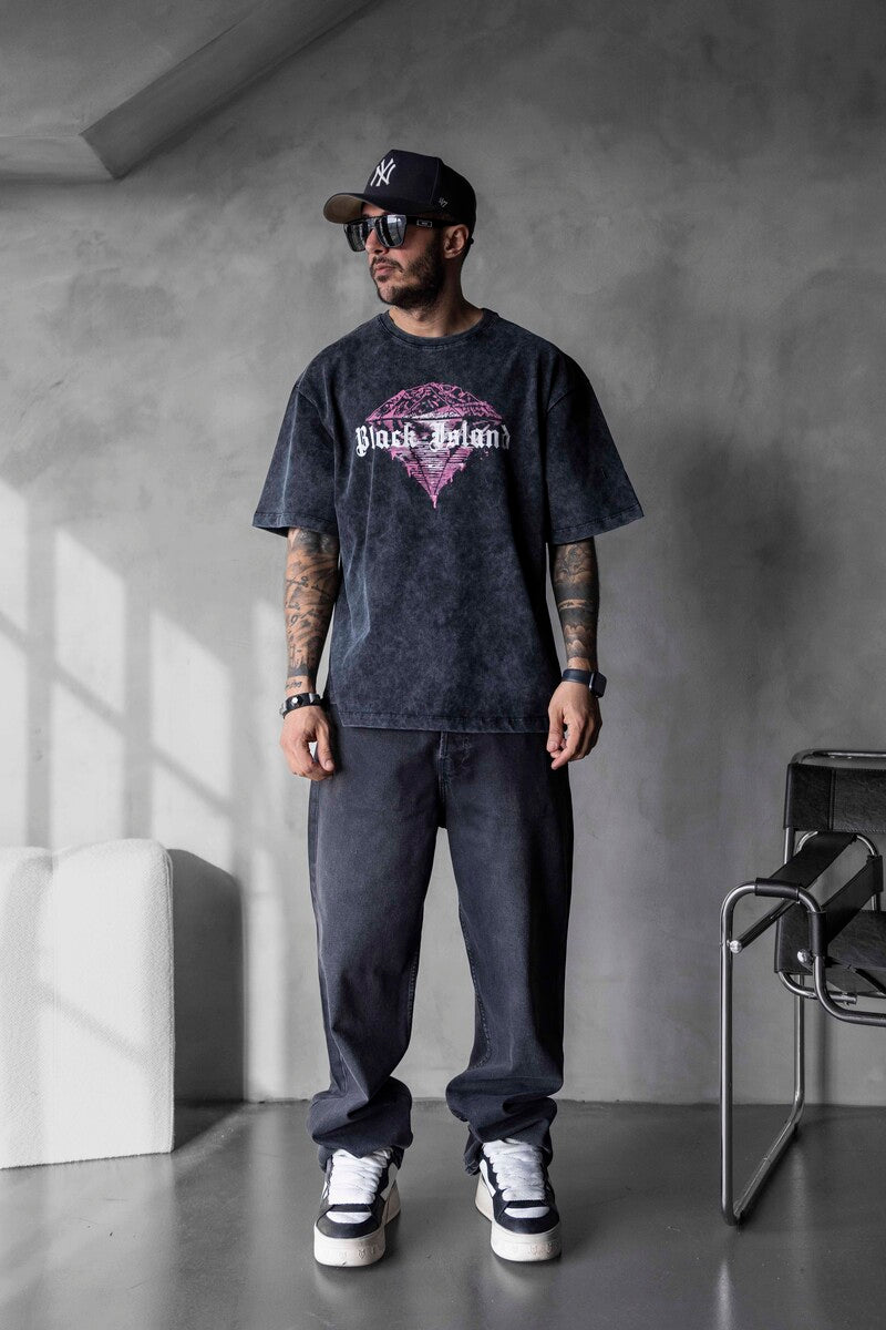 BLACK ISLAND PRINTED WASHED T-SHIRT BLACK 1804