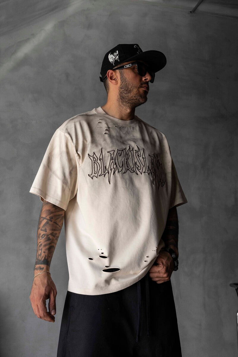 Black Island Printed Washed T-shirts Beige 1875