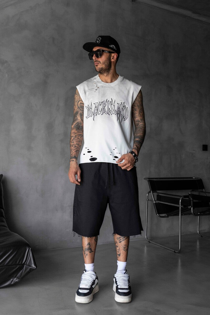 Black Island Printed White Singlet 1888