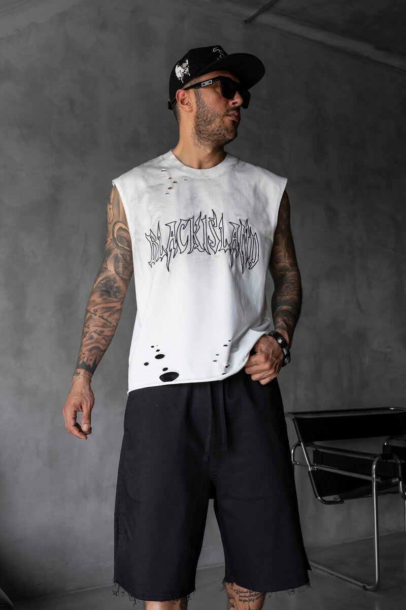 Black Island Printed White Singlet 1888