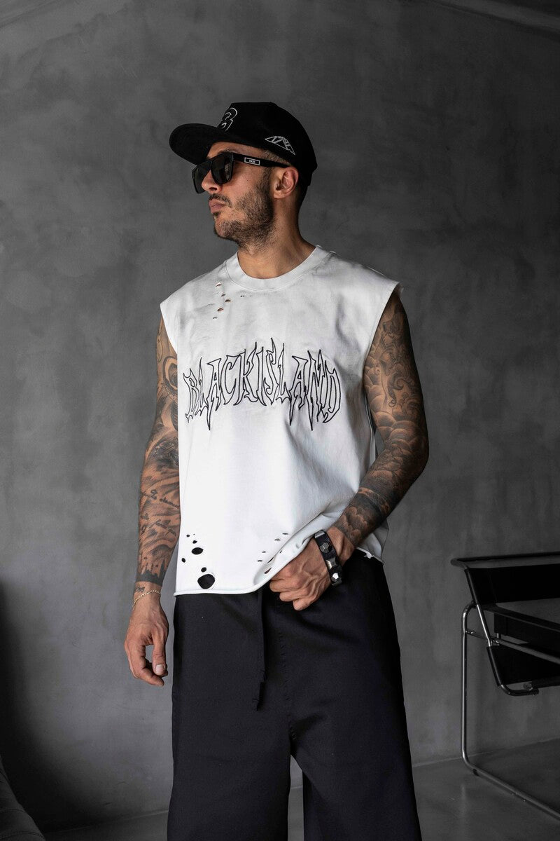 Black Island Printed White Singlet 1888