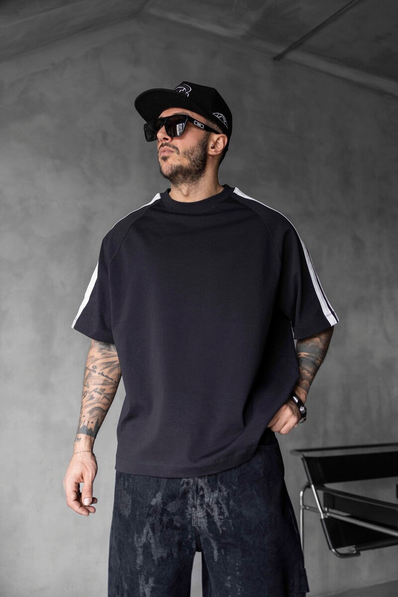 Black Oversized T-Shirt with Black Stripes 1834