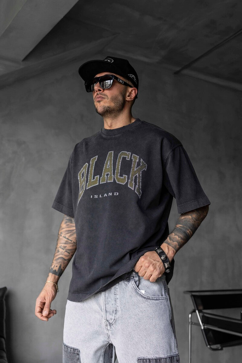 BLACK PRINTED WASHED T-SHIRT BLACK 1808