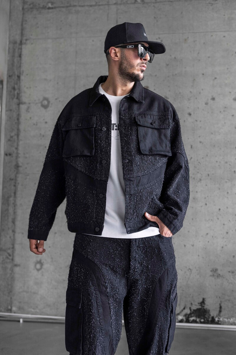 BLACK TEXTURED DENIM JACKET 16941