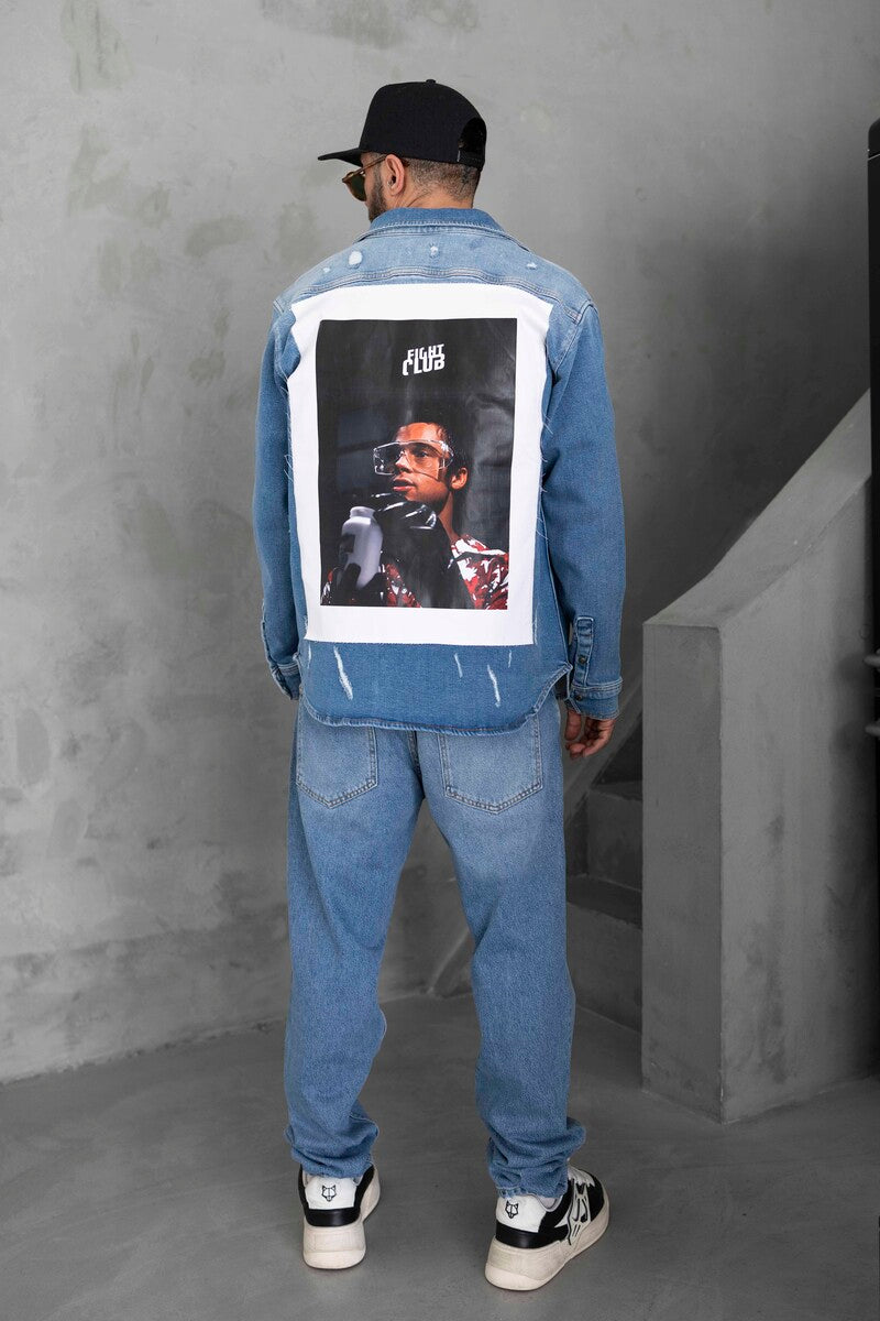 BRAD PITT PRINTED DENIM JACKET BLUE 16967